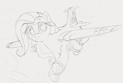 Size: 1245x839 | Tagged: safe, artist:dotkwa, imported from twibooru, fluttershy, original species, plane pony, pony, /mlp/, 4chan, female, grayscale, image, looking at you, mare, monochrome, plane, png, sketch