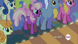 Size: 1920x1080 | Tagged: safe, imported from derpibooru, screencap, bon bon, carrot top, cheerilee, cherry berry, daisy, flower wishes, golden harvest, royal riff, sweetie drops, earth pony, pony, filli vanilli, season 4, animated, gif, hub logo, in love, logo, stage, the hub
