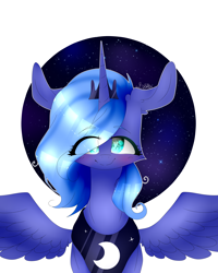 Size: 4000x5000 | Tagged: safe, artist:mynameislele, imported from derpibooru, princess luna, alicorn, pony, absurd resolution, circle background, ear cleavage, eye clipping through hair, heart, heart eyes, solo, wingding eyes