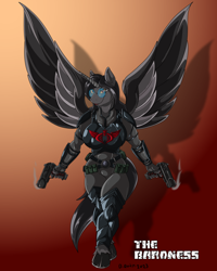 Size: 1000x1250 | Tagged: safe, artist:quicktron, imported from derpibooru, alicorn, anthro, unguligrade anthro, anthrofied, baroness, body armor, breasts, dual wield, female, g.i. joe, glasses, gradient background, gun, handgun, pistol, ponified, smiling, solo, spread wings, wings