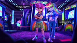 Size: 3887x2182 | Tagged: safe, artist:ichimoral, imported from derpibooru, rainbow dash, scootaloo, human, pony, equestria girls, arcade, arcade cabinet, arcade game, caption, clothes, commission, converse, crossed arms, dash fighter vi, dialogue, duo, duo female, english, female, high res, hoodie, indoors, pants, shirt, shoes, shorts, text, tomboy, winner