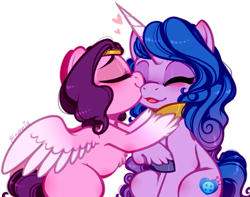 Size: 745x588 | Tagged: safe, artist:esmeia, imported from derpibooru, izzy moonbow, pipp petals, pegasus, pony, unicorn, adorapipp, belly fluff, blushing, curly mane, cute, duo, eyes closed, female, g5, heart, hoof fluff, izzybetes, izzypipp, lesbian, mare, nuzzling, shipping, signature, simple background, wavy mane, white background