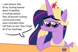 Size: 3000x2000 | Tagged: artist needed, source needed, safe, imported from derpibooru, twilight sparkle, alicorn, pony, the last problem, alcohol, drink, female, g4 purist, g5, glass, mare, older, older twilight, princess twilight 2.0, retarded, sad, shot glass, simple background, slur, solo, twilight sparkle (alicorn), vulgar, white background