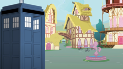 Size: 1280x720 | Tagged: safe, artist:mlp-silver-quill, imported from derpibooru, after the fact, after the fact:testing testing 1 2 3, doctor who, fountain, no pony, ponyville, statue, tardis, town hall, tree