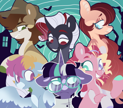 Size: 1280x1120 | Tagged: safe, artist:glowfangs, imported from derpibooru, applejack, fluttershy, pinkie pie, rainbow dash, rarity, twilight sparkle, bat pony, demon, demon pony, earth pony, ghost, ghost pony, pegasus, pony, undead, unicorn, vampire, werewolf, zombie, zombie pony, alternate design, alternate universe, frankenpony, glasses, hat, mad scientist, mane six, rule 63