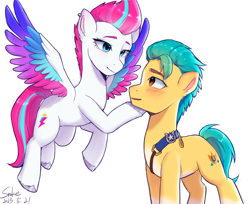 Size: 2310x1882 | Tagged: safe, artist:xiaowu07, imported from derpibooru, hitch trailblazer, zipp storm, earth pony, pegasus, pony, colored wings, duo, duo male and female, eye contact, female, flying, g5, high res, hitchzipp, looking at each other, looking at someone, male, mare, multicolored wings, sheriff's badge, shipping, signature, simple background, smiling, smiling at each other, spread wings, stallion, straight, touching, white background, wings