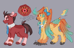 Size: 1280x837 | Tagged: safe, artist:jiang-she, imported from derpibooru, earth pony, hippogriff, pony, ace attorney, apollo justice, athena cykes, bow, bracelet, cloven hooves, duo, gray background, hippogriffied, jewelry, necktie, ponified, simple background, species swap