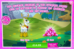 Size: 1962x1301 | Tagged: safe, idw, imported from derpibooru, king aspen, deer, advertisement, costs real money, english, gameloft, gem, horns, idw showified, male, mobile game, my little pony: magic princess, numbers, official, sale, solo, text