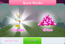 Size: 1270x854 | Tagged: safe, idw, imported from derpibooru, king aspen, deer, bundle, costs real money, english, gameloft, gem, horns, idw showified, male, mobile game, my little pony: magic princess, numbers, official, sale, solo, text