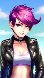 Size: 864x1536 | Tagged: safe, editor:sammykun, imported from derpibooru, scootaloo, human, ai content, ai generated, breasts, busty scootaloo, clothes, cloud, female, humanized, jacket, leather, leather jacket, lips, looking at you, midriff, older, older scootaloo, prompter:sammykun, reasonably sized breasts, shirt, short hair, solo