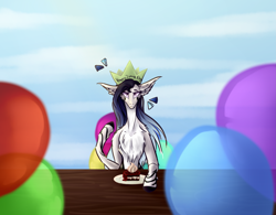 Size: 2707x2111 | Tagged: safe, artist:xanthiminora, imported from derpibooru, oc, oc only, earth pony, balloon, birthday, cake, chest fluff, coat markings, earth pony oc, food, hat, party hat, plate, solo