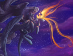 Size: 1280x984 | Tagged: safe, artist:xanthiminora, imported from derpibooru, philomena, princess luna, alicorn, phoenix, pony, alternate design, curved horn, duo, female, flying, horn, large wings, long horn, long mane, long tail, mare, night, night sky, sky, tail, wings