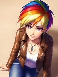 Size: 1020x1360 | Tagged: safe, editor:sammykun, imported from derpibooru, rainbow dash, human, ai content, ai generated, breasts, cleavage, clothes, denim, dog tags, female, high angle, humanized, jacket, jeans, jewelry, leather, leather jacket, lips, looking at you, looking up, looking up at you, necklace, pants, prompter:sammykun, shirt, short hair rainbow dash, simple background, sitting, smiling, solo