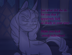 Size: 901x696 | Tagged: safe, anonymous artist, imported from derpibooru, opaline arcana, alicorn, pony, series:misty pov, curved horn, dark, dialogue, female, folded wings, g5, gaslighting, horn, implied misty brightdawn, implied pipp petals, limited palette, mare, narrowed eyes, opabitch, ringlets, solo, text, wings