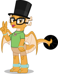 Size: 4000x5125 | Tagged: safe, artist:n0kkun, imported from derpibooru, oc, oc only, oc:myoozik the dragon, dragon, claws, clothes, dragon oc, fangs, glasses, hat, jewelry, leg band, male, non-pony oc, open mouth, scales, shirt, shorts, simple background, solo, t-shirt, tail, toe ring, top hat, transparent background, vector, wings