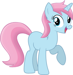 Size: 2445x2540 | Tagged: safe, artist:tankman, imported from derpibooru, oc, oc only, oc:water lilly, pony, unicorn, blue body, blue eyes, blue skin, female, happy, horn, looking at you, mare, open mouth, pink mane, pink tail, raised hoof, simple background, smiling, solo, tail, transparent background