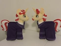 Size: 800x600 | Tagged: safe, artist:little-broy-peep, idw, imported from derpibooru, flam, flim, pony, unicorn, reflections, spoiler:comic, brothers, clothes, dark mirror universe, flim flam brothers, irl, male, photo, plushie, siblings, stallion