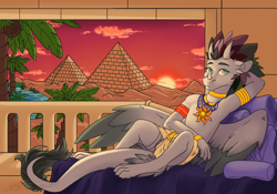 Size: 2388x1668 | Tagged: safe, imported from derpibooru, oc, oc:arculascrain, dragon, amulet, armlet, bed, bedroom, clothes, coconut, egyptian, food, jewelry, loincloth, medallion, oasis, palm tree, pyramid, regalia, sun, sunset, tree, underwear, water