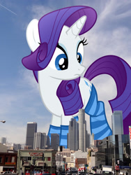 Size: 1536x2048 | Tagged: safe, artist:alexiy777, edit, editor:jaredking779, imported from derpibooru, rarity, pony, unicorn, california, clothes, eyeshadow, female, giant pony, giantess, highrise ponies, irl, looking down, los angeles, macro, makeup, mare, photo, ponies in real life, socks, solo, striped socks