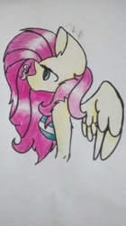 Size: 728x1296 | Tagged: safe, artist:mynameislele, imported from derpibooru, fluttershy, anthro, pegasus, breasts, female, insect on nose, profile, sideboob, solo, traditional art
