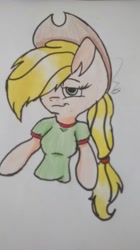 Size: 728x1296 | Tagged: safe, artist:mynameislele, imported from derpibooru, applejack, anthro, earth pony, arm hooves, bust, female, hat, solo, traditional art