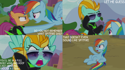 Size: 2000x1125 | Tagged: safe, edit, edited screencap, editor:quoterific, imported from derpibooru, screencap, lightning dust, rainbow dash, scootaloo, the washouts (episode), sunglasses