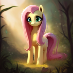 Size: 512x512 | Tagged: safe, imported from derpibooru, fluttershy, earth pony, pony, ai assisted, ai content, ai generated, big eyes, blushing, cute, ear fluff, fluffy, forest, generator:purplesmart.ai, generator:stable diffusion, grass, green eyes, pink mane, prompter:saltyvity, shyabetes, smiley face, smiling, solo, sparkles