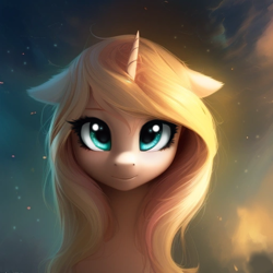 Size: 512x512 | Tagged: safe, imported from derpibooru, oc, pony, unicorn, ai assisted, ai content, ai generated, big eyes, cute, ear fluff, fluffy, generator:purplesmart.ai, generator:stable diffusion, green eyes, prompter:saltyvity, sky, smiley face, smiling, solo, sparkles, stars, yellow mane