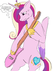 Size: 1342x1795 | Tagged: safe, artist:reponer, imported from derpibooru, princess cadance, alicorn, pony, bipedal, colored, description is relevant, dialogue, electric guitar, flat colors, guitar, musical instrument, simple background, solo, thought bubble, white background, worried
