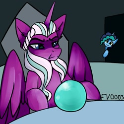 Size: 2000x2000 | Tagged: safe, artist:fv0003, imported from derpibooru, opaline arcana, alicorn, pony, unicorn, duo, female, frown, g5, mare, meme, misty brightdawn, pondering my orb, solo focus