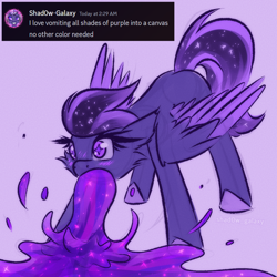 Size: 1000x1000 | Tagged: safe, artist:shad0w-galaxy, imported from derpibooru, oc, oc only, oc:shadow galaxy, pegasus, pony, discord (program), doodle, ethereal mane, female, joke, mare, simple background, sketch, solo, starry eyes, starry mane, starry tail, tail, text, vomit, vomiting, wingding eyes