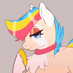 Size: 800x800 | Tagged: safe, artist:renabu, imported from derpibooru, oc, oc only, oc:rocket pop, earth pony, pony, animated, blinking, blue eyes, bust, chest fluff, choker, coat markings, colored chest fluff, colored ears, colored hooves, eyeshadow, female, icon, lidded eyes, looking at you, makeup, mare, multicolored mane, portrait, socks (coat markings), solo, sparkles, talking to viewer, unshorn fetlocks, windswept mane