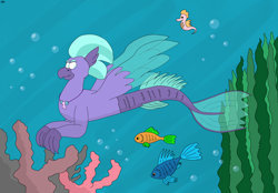 Size: 4198x2926 | Tagged: safe, artist:rotgriff, imported from derpibooru, seaspray, classical hippogriff, fish, hippogriff, hybrid, merpony, seahorse, seapony (g4), beak, blue eyes, blue mane, bubble, coral, crepuscular rays, digital art, dorsal fin, fin, fin wings, fins, fish tail, flowing tail, high res, hybrid wings, male, mermay, ocean, seaweed, smiling, solo, spread wings, swimming, tail, underwater, water, wings