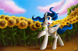 Size: 1250x825 | Tagged: safe, artist:jamescorck, imported from derpibooru, oc, pegasus, pony, female, flower, mare, solo, sunflower