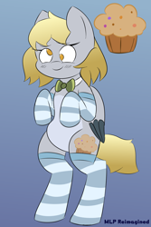 Size: 4000x6000 | Tagged: artist needed, safe, imported from derpibooru, derpy hooves, pegasus, pony, belly, bipedal, bowtie, clothes, female, gradient background, mare, redesign, reimagine, socks, solo, striped socks