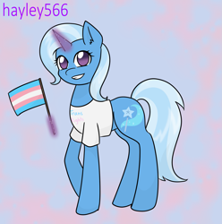 Size: 2193x2210 | Tagged: safe, artist:hayley566, imported from derpibooru, trixie, pony, unicorn, clothes, cute, diatrixes, female, glowing, glowing horn, grin, horn, magic, mare, pride, pride flag, shirt, smiling, solo, t-shirt, trans female, trans trixie, transgender, transgender pride flag