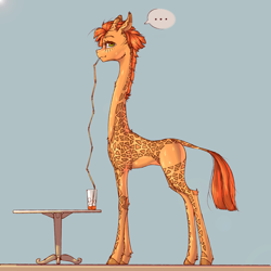 Size: 2000x2000 | Tagged: safe, artist:madhotaru, imported from derpibooru, oc, oc only, oc:twiggy, giraffe, concave belly, drinking, drinking straw, hooves, juice, leg fluff, long legs, long neck, neck fluff, side view, slim, solo, tall, thin