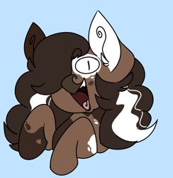 Size: 998x1022 | Tagged: safe, artist:woofpoods, imported from derpibooru, oc, oc:hushknack, cow, cow pony, earth pony, pony, brown hair, curly hair, derp, ear fluff, male, stallion, white hair