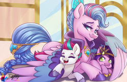 Size: 1224x792 | Tagged: safe, artist:inkkeystudios, imported from derpibooru, pipp petals, queen haven, zipp storm, pegasus, pony, :3, adorahaven, adorapipp, adorazipp, crown, cute, eyes closed, female, filly, filly pipp petals, filly zipp storm, foal, g5, happy, hug, jewelry, lidded eyes, mother and child, mother and daughter, open mouth, open smile, regalia, royal sisters (g5), siblings, sisters, smiling, trio, unshorn fetlocks, wholesome, wing blanket, winghug, wings, younger