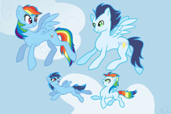 Size: 1095x730 | Tagged: safe, artist:mashaheart, imported from derpibooru, rainbow dash, soarin', oc, oc:breeezy, oc:twister, pegasus, pony, family, female, filly, flying, foal, male, mare, offspring, parent:rainbow dash, parent:soarin', parents:soarindash, shipping, sky, soarindash, stallion, straight