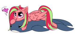 Size: 2145x1041 | Tagged: safe, artist:dimur, imported from derpibooru, oc, oc only, oc:feather nib, pegasus, pony, shark, female, heart, lying down, mare, pegasus oc, plushie, shark plushie, simple background, transparent background, two toned mane