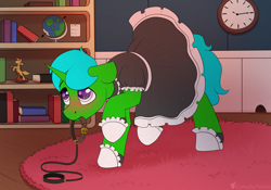 Size: 4040x2827 | Tagged: safe, artist:cornelia_nelson, imported from derpibooru, oc, oc:green byte, pony, unicorn, blushing, clothes, collar, commission, crossdressing, maid, male, stallion, ych result