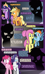 Size: 1920x3168 | Tagged: safe, artist:alexdti, imported from derpibooru, applejack, fluttershy, pinkie pie, rainbow dash, rarity, twilight sparkle, oc, oc:brainstorm (alexdti), oc:purple creativity, oc:star logic, alicorn, earth pony, comic:quest for friendship, mane six, older, twilight sparkle (alicorn)