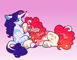 Size: 957x742 | Tagged: safe, artist:queerhorses, imported from derpibooru, pinkie pie, rarity, earth pony, pony, unicorn, alternate design, female, gradient background, lesbian, lying down, prone, raripie, shipping, twitterina design