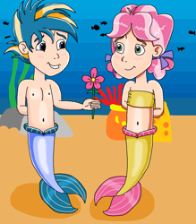 Size: 894x1019 | Tagged: safe, artist:ocean lover, imported from derpibooru, kettle corn, skeedaddle, fish, human, merboy, mermaid, merman, bandeau, bare shoulders, bashful, belly, belly button, blushing, bow, child, children, coral, cute, duo, duo male and female, female, fins, fish tail, flower, hand behind back, happy, human coloration, humanized, in love, innocent, kedaddle, kettlebetes, kids, looking at each other, looking at someone, male, male nipples, mermaid lovers, mermaid tail, mermaidized, mermay, midriff, ms paint, nipples, ocean, ribbon bow tie, sand, shipping, shipping fuel, skeedorable, sleeveless, smiling, smiling at each other, species swap, straight, tail, tail fin, two toned hair, underwater, water