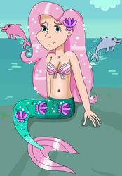 Size: 1065x1528 | Tagged: safe, artist:ocean lover, imported from derpibooru, fluttershy, dolphin, human, mermaid, animal, bare shoulders, bashful, beach, beautiful, beautiful eyes, beautiful hair, belly, belly button, blue eyes, boulder, bra, clothes, cloud, curvy, cute, fish tail, friendly, girly girl, hair ornament, hourglass figure, human coloration, humanized, innocent, jumping, kindness, light skin, long hair, looking at you, mammal, mermaid tail, mermaidized, mermay, midriff, ms paint, nice, ocean, outdoors, pink hair, pose, pretty, rock, seashell, seashell bra, shiny skin, shy, shyabetes, sitting, sky, sleeveless, smiling, smiling at you, species swap, splash, tail, underwear, water, wave