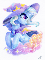 Size: 1103x1484 | Tagged: safe, artist:maytee, imported from derpibooru, trixie, pony, unicorn, bust, cape, clothes, colored pencil drawing, hat, portrait, profile, solo, traditional art, trixie's cape, trixie's hat