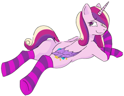 Size: 1447x1117 | Tagged: safe, artist:reponer, imported from derpibooru, princess cadance, alicorn, pony, bangs, butt, clothes, female, horn, looking back, lovebutt, lying down, one eye covered, pink fur, plot, simple background, socks, solo, striped socks, sultry pose, tail, tail aside, transparent, transparent background, wings