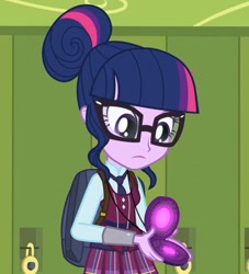 Size: 709x781 | Tagged: safe, imported from derpibooru, screencap, sci-twi, twilight sparkle, human, equestria girls, friendship games, bag, canterlot high, clothes, crystal prep academy uniform, glasses, lockers, magic capture device, necktie, school uniform, schoolgirl, solo