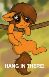 Size: 1121x1737 | Tagged: safe, artist:marsminer, imported from derpibooru, oc, oc only, oc:venus spring, pony, unicorn, :t, adorable distress, adorable face, awww, big eyes, brown hair, brown mane, brown tail, chest fluff, chibi, cute, daaaaaaaaaaaw, dock, ear fluff, ears back, featureless crotch, female, floppy ears, frown, hang in there, hanging, hnnng, horn, mare, marsminer is trying to murder us, meme, motivational, ocbetes, one leg raised, orange coat, orange eyes, ponified meme, rope, sad, sadorable, small horn, solo, spread legs, spreading, suspended, tail, tiny, tiny ponies, unicorn oc, weapons-grade cute